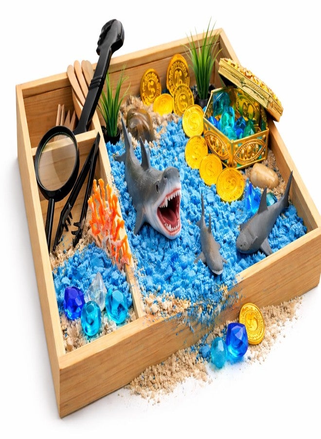 DIY jr Shark Sensory Bin Kit for Kids - Ocean Sensory Play Kit with Wooden Storage Box, Moldable Sand, Sharks & Treasure Chest - Montessori STEM Learning Toy, Shark Gifts for Boys & Girls Ages 4-8 - Image 1
