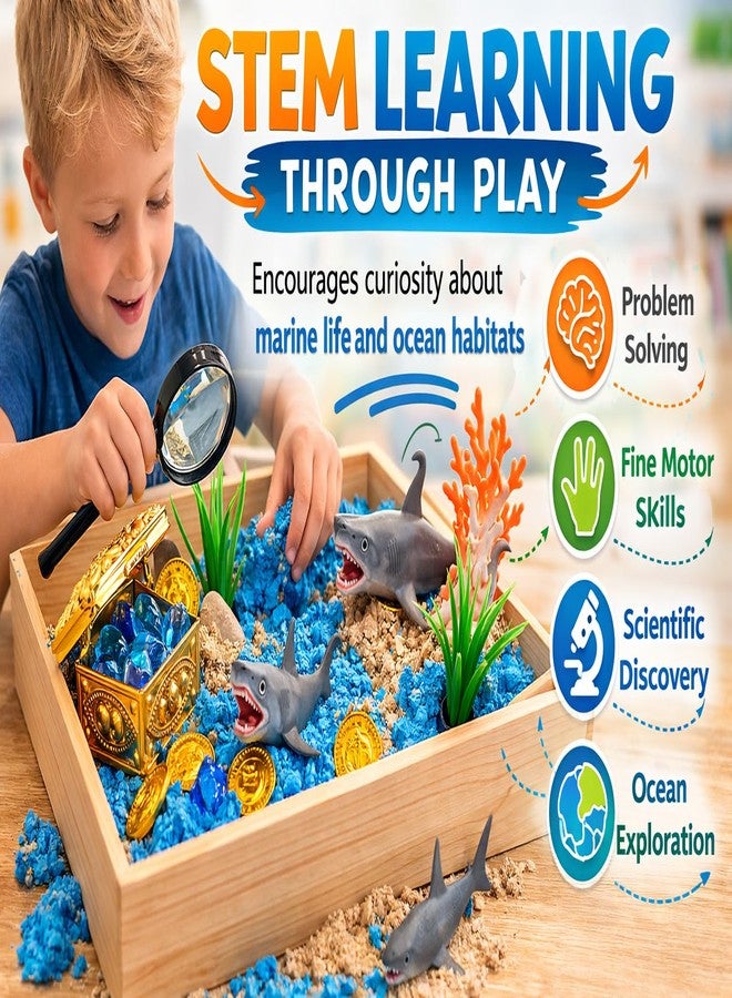 DIY jr Shark Sensory Bin Kit for Kids - Ocean Sensory Play Kit with Wooden Storage Box, Moldable Sand, Sharks & Treasure Chest - Montessori STEM Learning Toy, Shark Gifts for Boys & Girls Ages 4-8 - Image 3