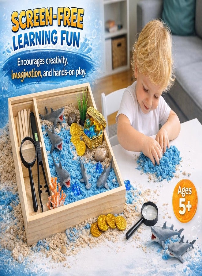 DIY jr Shark Sensory Bin Kit for Kids - Ocean Sensory Play Kit with Wooden Storage Box, Moldable Sand, Sharks & Treasure Chest - Montessori STEM Learning Toy, Shark Gifts for Boys & Girls Ages 4-8 - Image 2