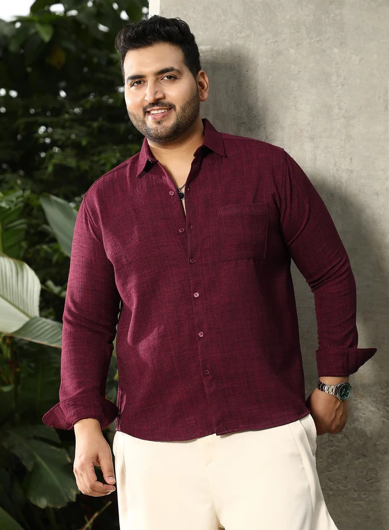Instafab Plus Instafab Plus Men's Burgundy Red Heathered-Weave Regular Shirt | Spread Collar , Long Cuffed Sleeves , Button Closure , Curved Hemline | Solid Plain Cotton-Blend Material For Office & Casual Wear