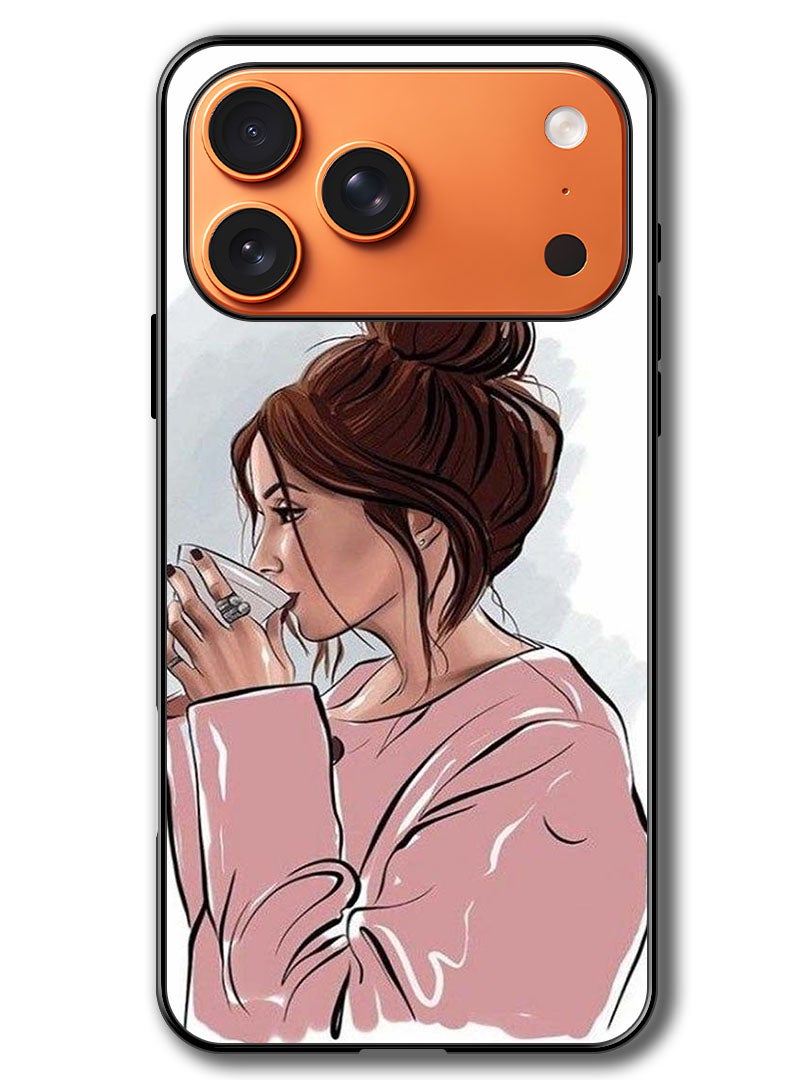 Theodor Case Compatible with Apple iPhone 17 Pro 6.3 Inch Protection Shockproof Bumper Cover Girl Drinking Coffee 1 - Image 1