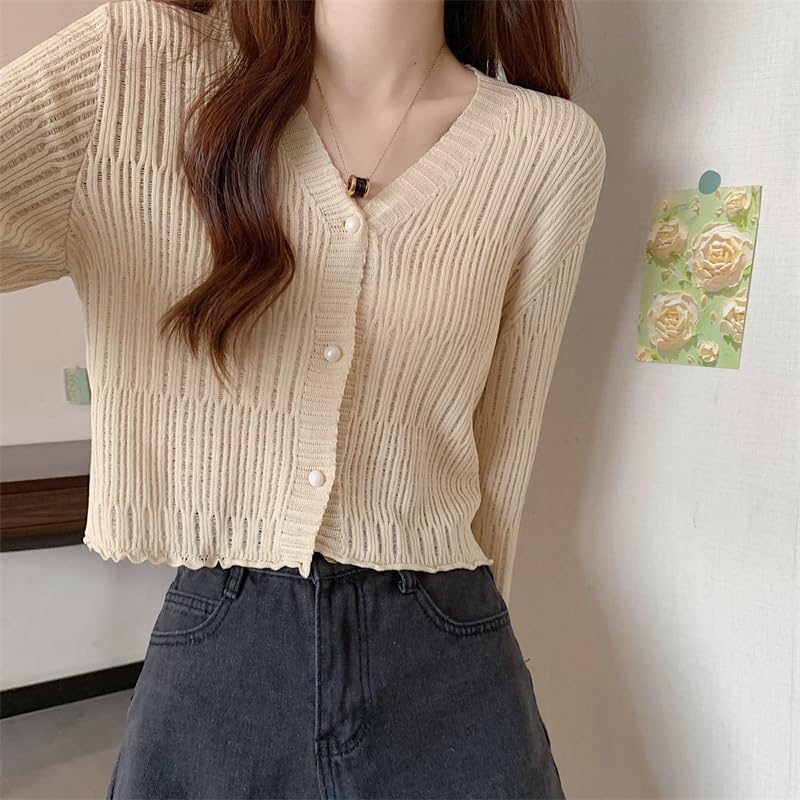 ICW Women's Knitted Ribbed Cardigan Long-Sleeve V-Neck Button-Up Shrug Jacket Top Dn85 (in, Alpha, M, Regular, Beige) - Image 3