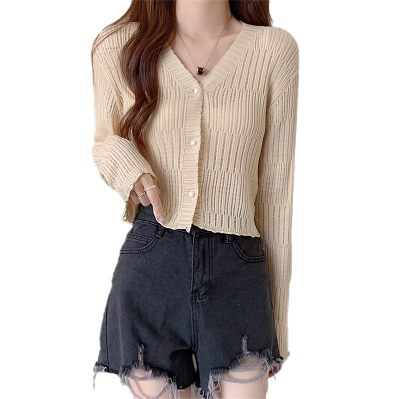 ICW Women's Knitted Ribbed Cardigan Long-Sleeve V-Neck Button-Up Shrug Jacket Top Dn85 (in, Alpha, M, Regular, Beige) - Image 1