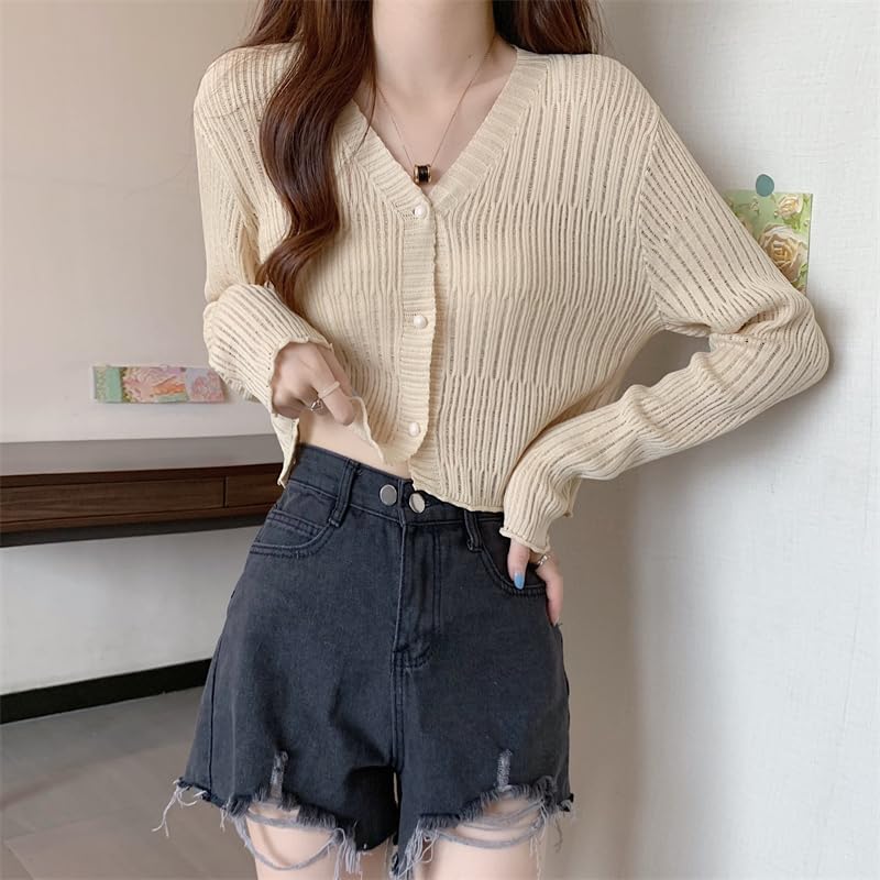 ICW Women's Knitted Ribbed Cardigan Long-Sleeve V-Neck Button-Up Shrug Jacket Top Dn85 (in, Alpha, M, Regular, Beige) - Image 4
