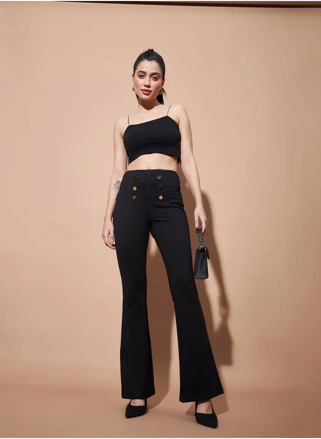 SASSAFRAS High Rise Gold Show Button Detail Flare Pants by Styli
