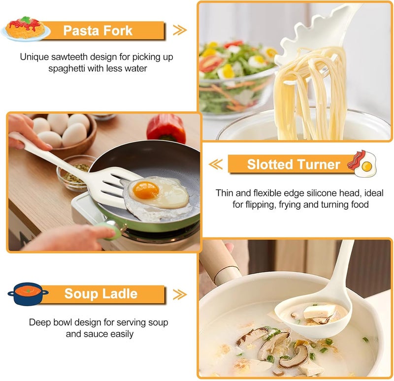 TeamFar Silicone Cooking Utensils Set, 7-Piece Heat Proof Kitchen Utensils Set, Kitchen Tools Spatula Turner Ladle Spoon Pasta Fork for Nonstick Cookware, Non-Toxic & Dishwasher Safe, White - Image 5