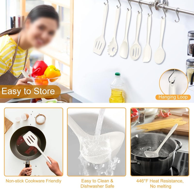 TeamFar Silicone Cooking Utensils Set, 7-Piece Heat Proof Kitchen Utensils Set, Kitchen Tools Spatula Turner Ladle Spoon Pasta Fork for Nonstick Cookware, Non-Toxic & Dishwasher Safe, White - Image 4