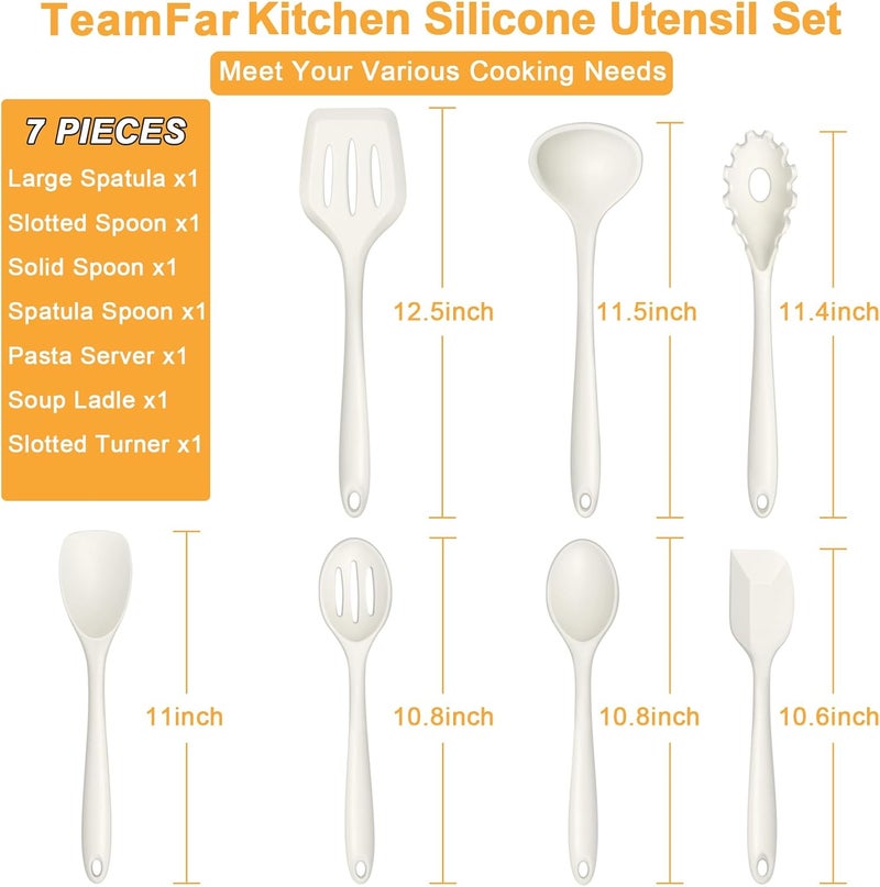 TeamFar Silicone Cooking Utensils Set, 7-Piece Heat Proof Kitchen Utensils Set, Kitchen Tools Spatula Turner Ladle Spoon Pasta Fork for Nonstick Cookware, Non-Toxic & Dishwasher Safe, White - Image 2