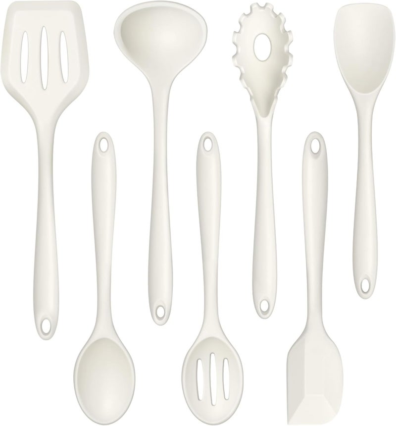 TeamFar Silicone Cooking Utensils Set, 7-Piece Heat Proof Kitchen Utensils Set, Kitchen Tools Spatula Turner Ladle Spoon Pasta Fork for Nonstick Cookware, Non-Toxic & Dishwasher Safe, White - Image 1