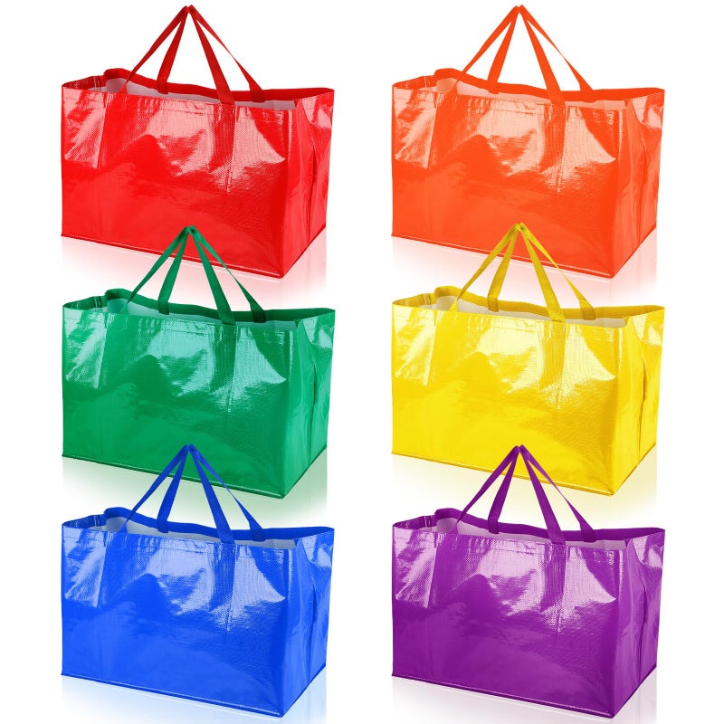 Shappy 6 Pcs Extra Large Reusable Shopping Grocery Bags with Handles Woven Plastic Waterproof Tote Bags (21.7 x 14.2 x 13.8 Inch,Bright Color) - Image 1