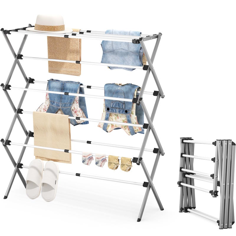 APEXCHASER Drying Rack Clothing, Clothes Drying Rack Foldable, Laundry Drying Rack Expandable, Small Clothe Hanger for Baby Clothes Towels Bibs, Socks, Clothes Airer for Indoor Outdoor Use, White/Grey - Image 1