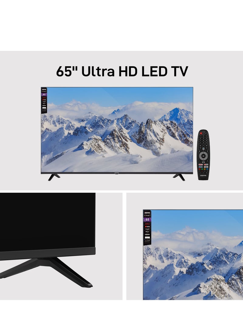 GEEPAS - Geepas 65'' 4K UHD, Google, Smart HDMI LED TV With Bluetooth, 2 USB, 4 HDMI Connectivity, WIFI, Screen Sharing, Wall Mount Bracket, Remote Control, 16:9 Aspect Ratio, Wide Color Enhancer, WIFI - Image 1