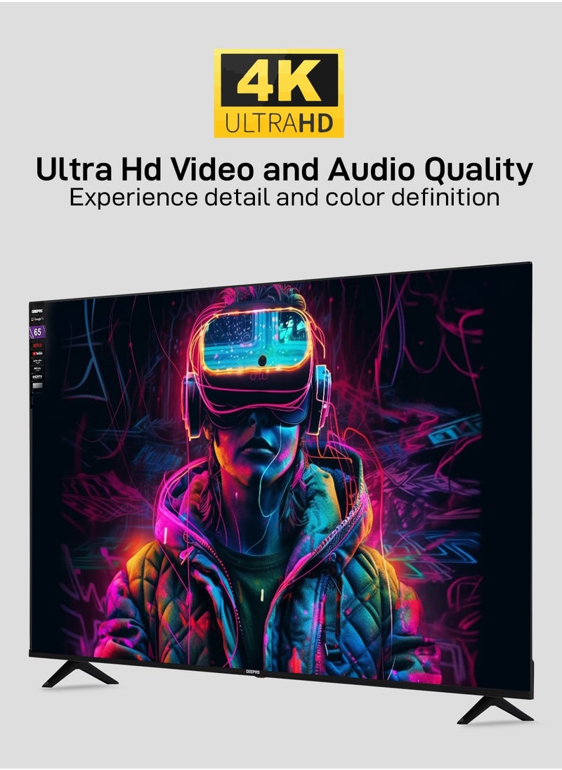 GEEPAS - Geepas 65'' 4K UHD, Google, Smart HDMI LED TV With Bluetooth, 2 USB, 4 HDMI Connectivity, WIFI, Screen Sharing, Wall Mount Bracket, Remote Control, 16:9 Aspect Ratio, Wide Color Enhancer, WIFI - Image 1
