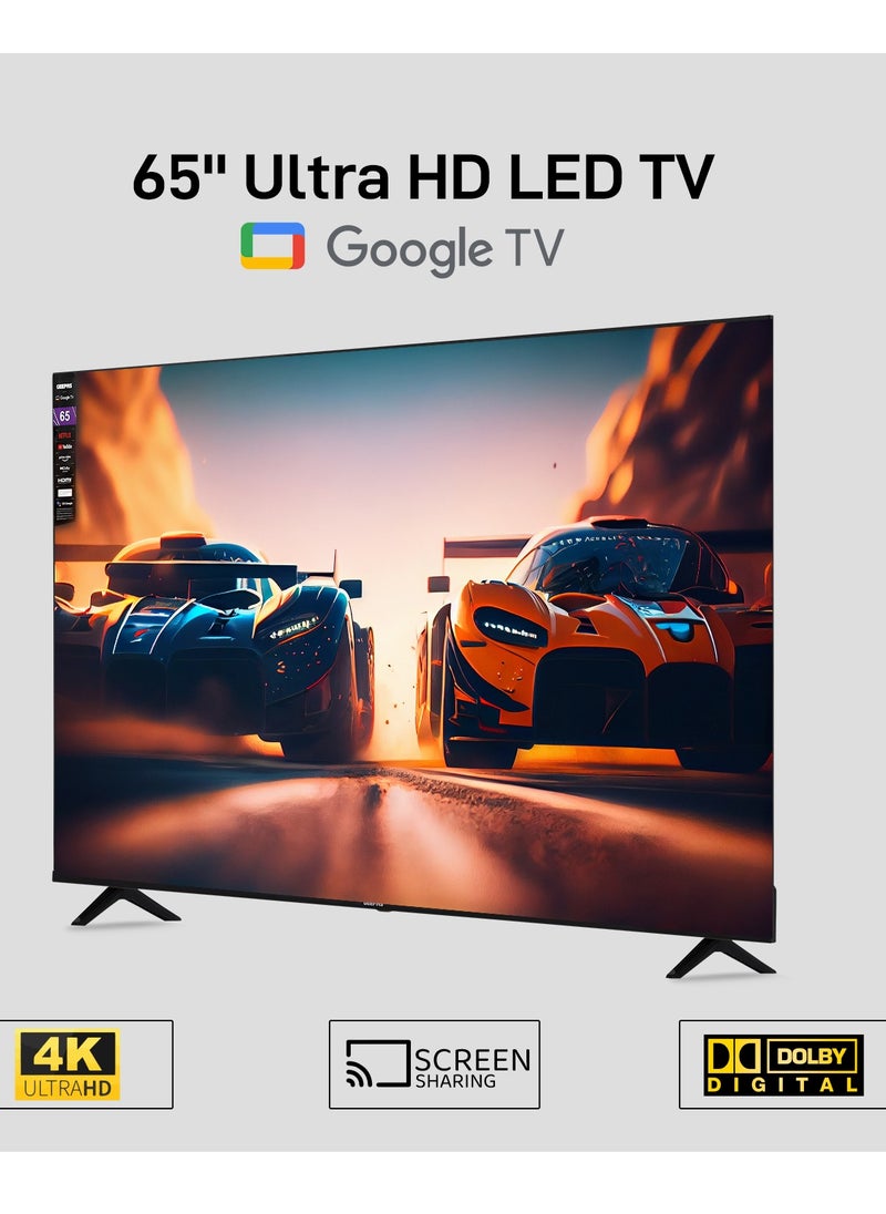 GEEPAS - Geepas 65'' 4K UHD, Google, Smart HDMI LED TV With Bluetooth, 2 USB, 4 HDMI Connectivity, WIFI, Screen Sharing, Wall Mount Bracket, Remote Control, 16:9 Aspect Ratio, Wide Color Enhancer, WIFI - Image 1