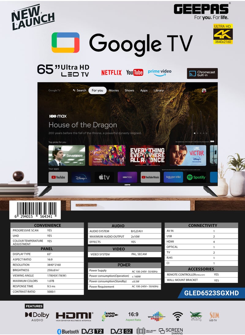 GEEPAS - Geepas 65'' 4K UHD, Google, Smart HDMI LED TV With Bluetooth, 2 USB, 4 HDMI Connectivity, WIFI, Screen Sharing, Wall Mount Bracket, Remote Control, 16:9 Aspect Ratio, Wide Color Enhancer, WIFI - Image 1