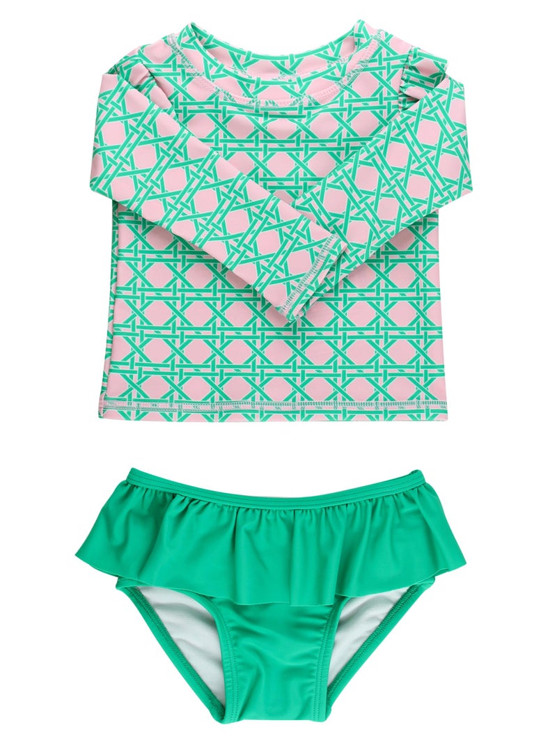 RuffleButts BabyToddler Girls Skirted Long Sleeve Rash Guard Bikini UPF50 Sun Protected Swimsuit Pink Coastal Cane 3T - Image 2