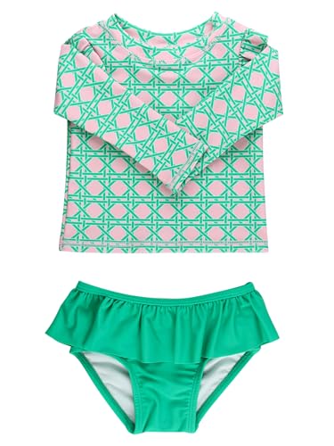 RuffleButts BabyToddler Girls Skirted Long Sleeve Rash Guard Bikini UPF50 Sun Protected Swimsuit Pink Coastal Cane 3T - Image 1