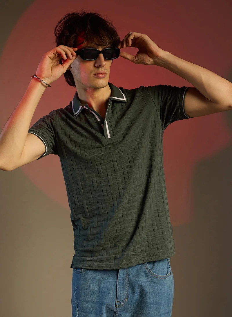 Campus Sutra Men's Juniper Green Weave-Textured Polo T-Shirt