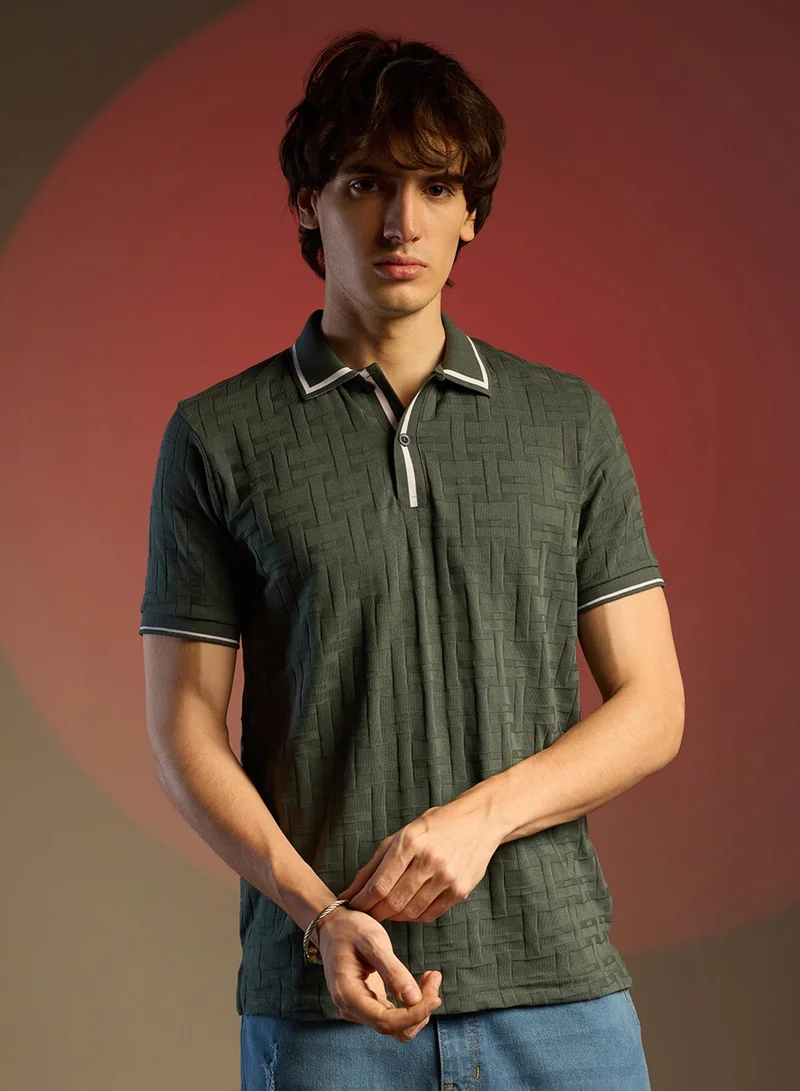 Campus Sutra Men's Juniper Green Weave-Textured Polo T-Shirt