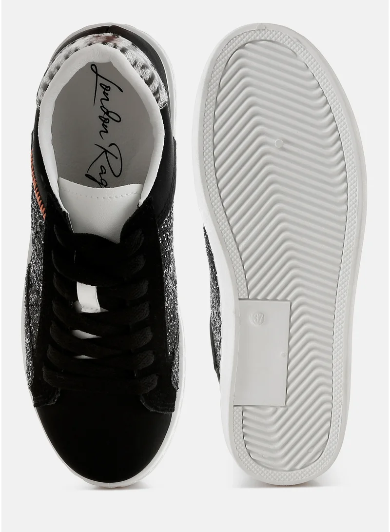London Rag Black Glitter Faux Leather Sneakers in Black for Women | Best Price UAE