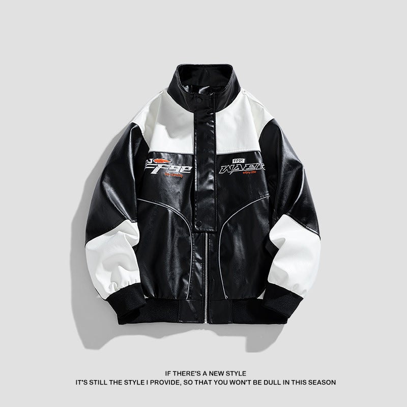 American Pu Leather Men'S Coat New Style Vertical Collar Biker Clothes All-Match Fashionable Color Matching Jacket For Men - Image 3
