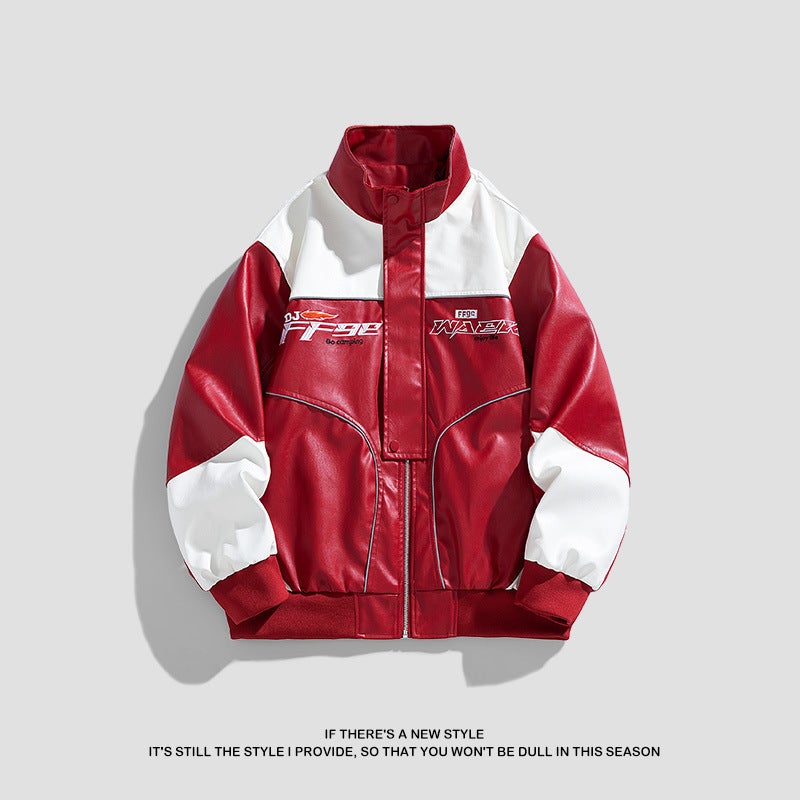 American Pu Leather Men'S Coat New Style Vertical Collar Biker Clothes All-Match Fashionable Color Matching Jacket For Men - Image 2