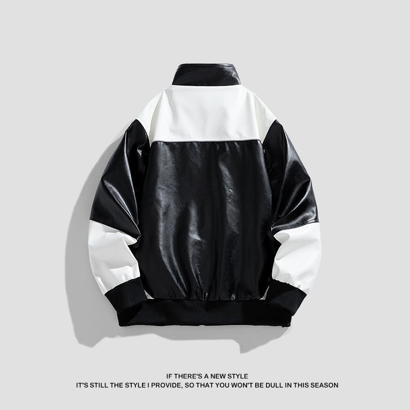 American Pu Leather Men'S Coat New Style Vertical Collar Biker Clothes All-Match Fashionable Color Matching Jacket For Men - Image 4