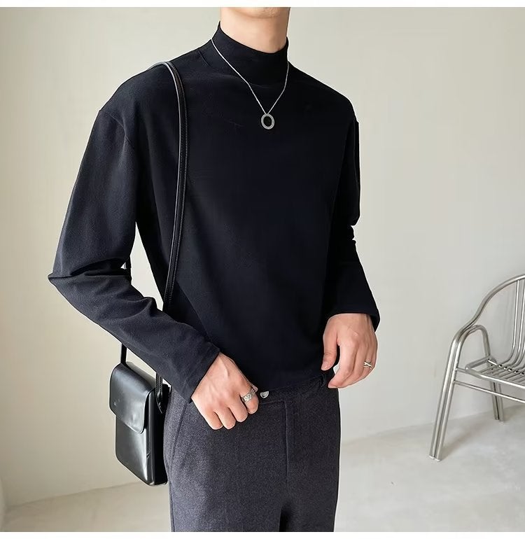 Half Turtleneck Long Sleeve T-Shirt Men'S Korean-Style Loose Solid Color Mid Collar Bottoming Shirt Casual White Inner Top - Image 5