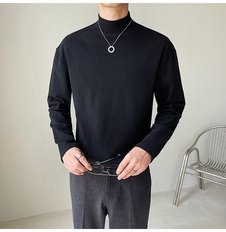 Half Turtleneck Long Sleeve T-Shirt Men'S Korean-Style Loose Solid Color Mid Collar Bottoming Shirt Casual White Inner Top - Image 4