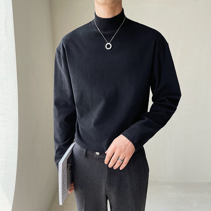 Half Turtleneck Long Sleeve T-Shirt Men'S Korean-Style Loose Solid Color Mid Collar Bottoming Shirt Casual White Inner Top - Image 1