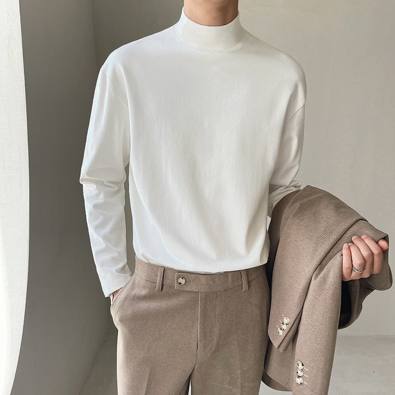 Half Turtleneck Long Sleeve T-Shirt Men'S Korean-Style Loose Solid Color Mid Collar Bottoming Shirt Casual White Inner Top - Image 2