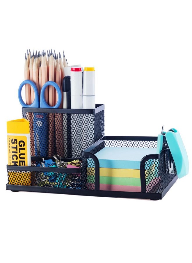 M&G - Mesh Pen Holder Desk Organizers Pencil Holder For Desk Black 3 Compartments Metal Office Supply Organizer With Sticky Notes Holder For School Home Office - Image 1