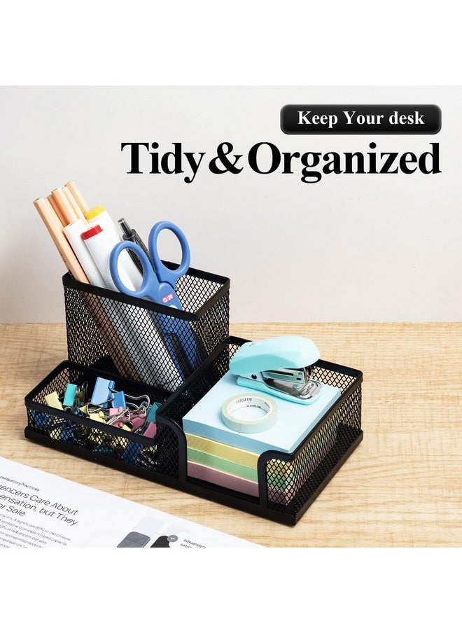 M&G - Mesh Pen Holder Desk Organizers Pencil Holder For Desk Black 3 Compartments Metal Office Supply Organizer With Sticky Notes Holder For School Home Office - Image 1