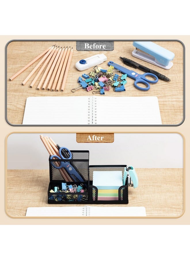 M&G - Mesh Pen Holder Desk Organizers Pencil Holder For Desk Black 3 Compartments Metal Office Supply Organizer With Sticky Notes Holder For School Home Office - Image 1