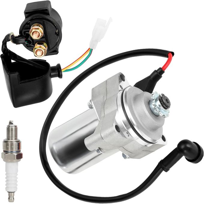 GREHUA 3 Bolt Starter Motor with Solenoid Relay and Spark Plug for 50cc to 125cc ATVs and Dirt Bikes