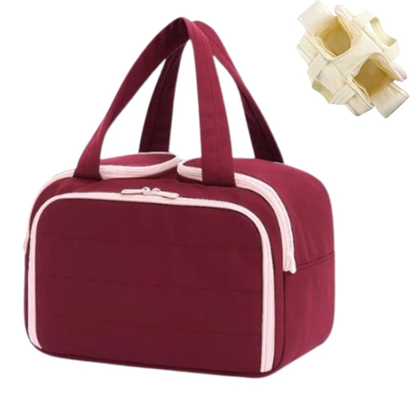 Wine Red Large Capacity Waterproof Travel Cosmetic Bag 4 Compartments Dry Wet Separation - Image 2