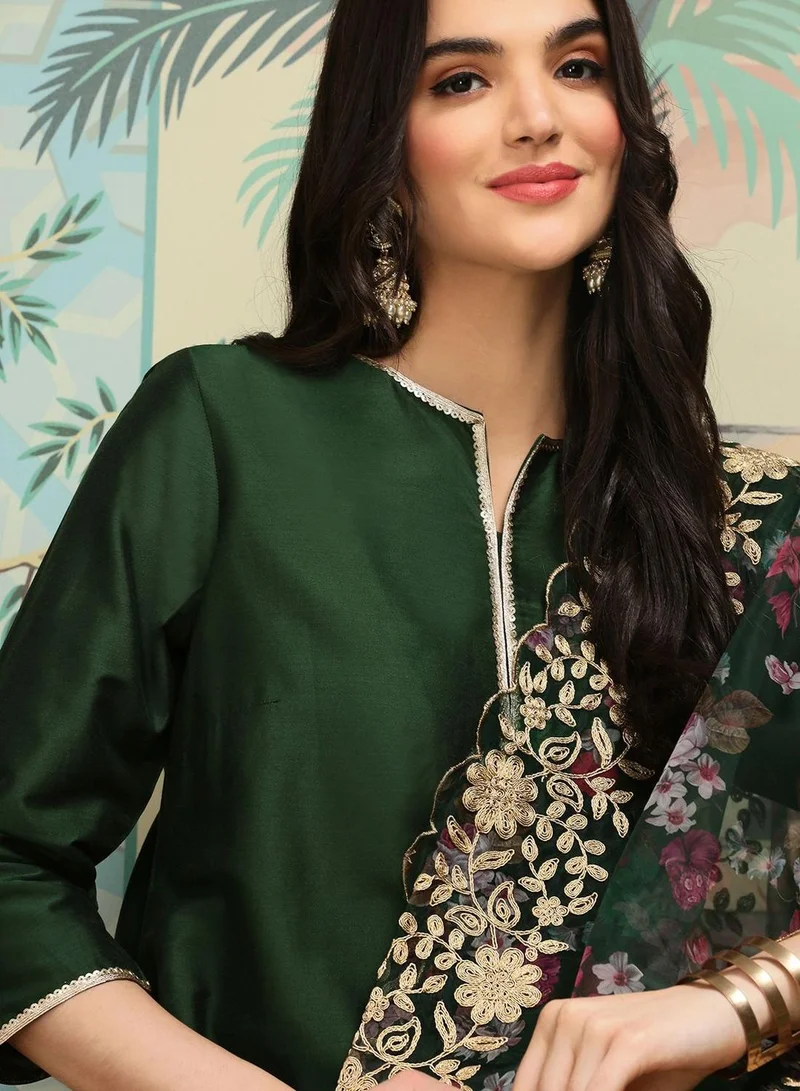ISHIN Women'S Dark Green Polyester Blend Self Design Full Length Palazzo Kurta Set