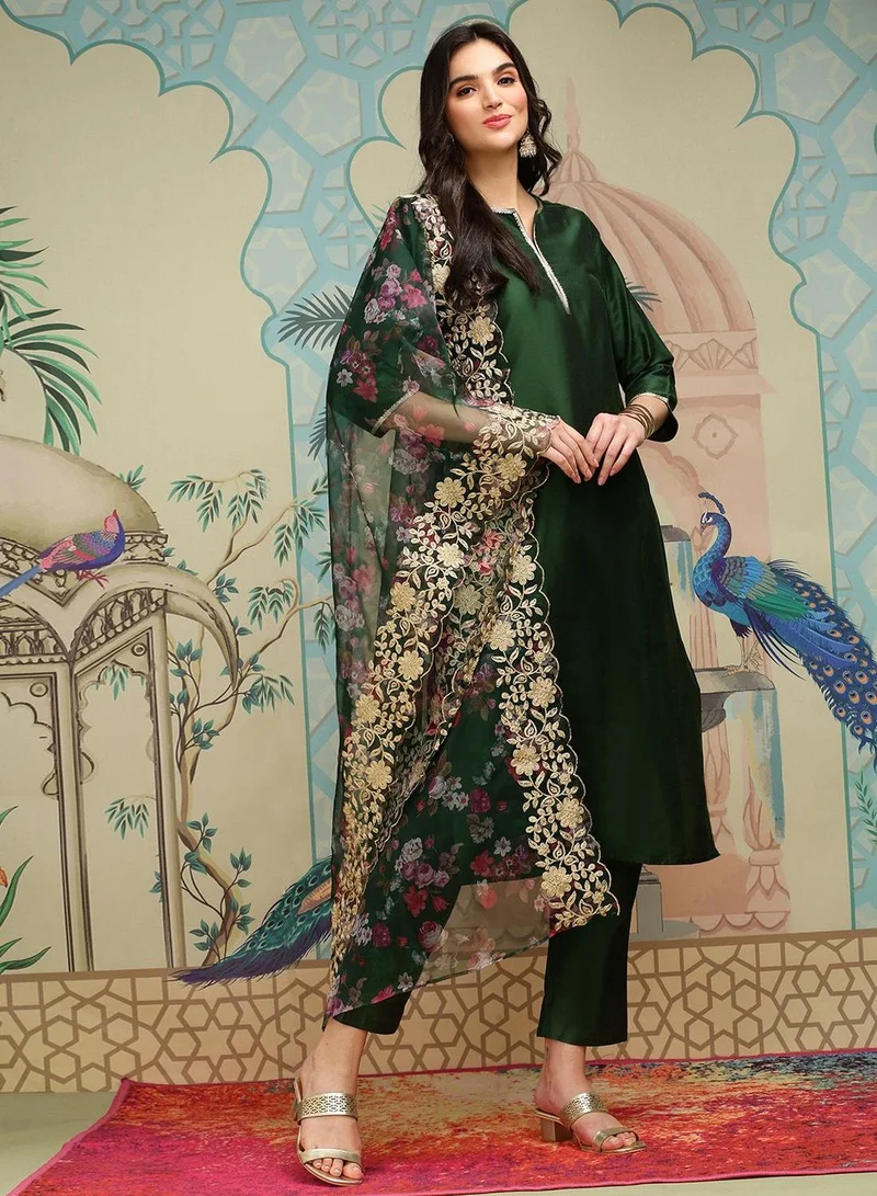 ISHIN Women'S Dark Green Polyester Blend Self Design Full Length Palazzo Kurta Set