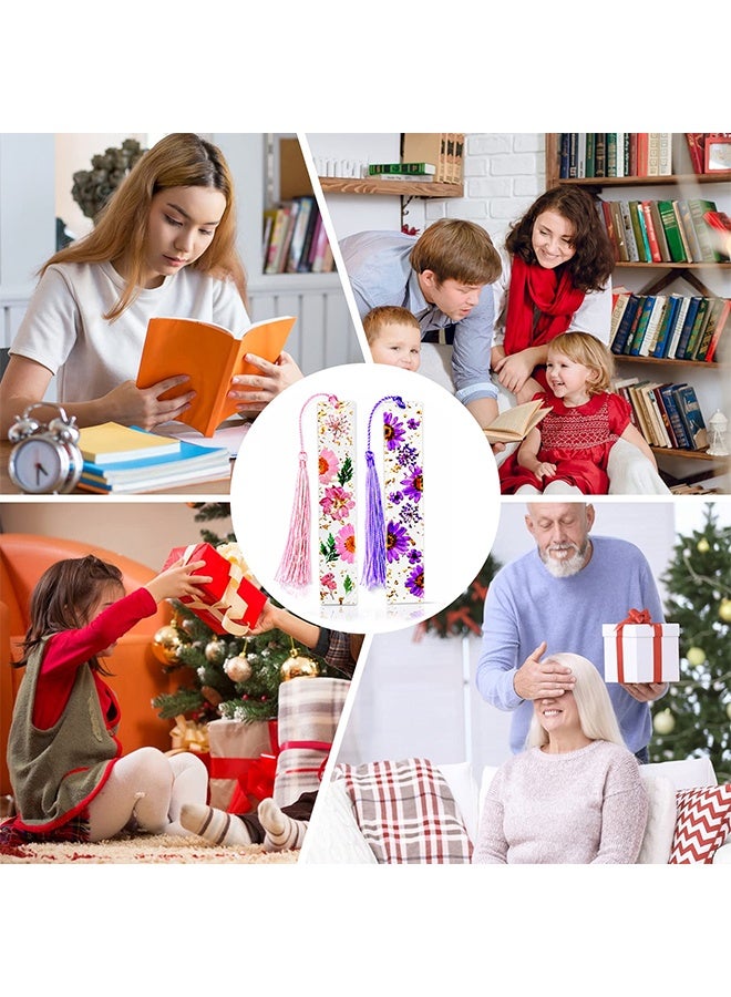 1 حزمة 2 قطعة من علامات الكتب المصنوعة من الزهور المضغوطة الشفافة مع خيوط، هدية مصنوعة يدويًا للنساء والطلاب وعشاق الكتب - Image 4