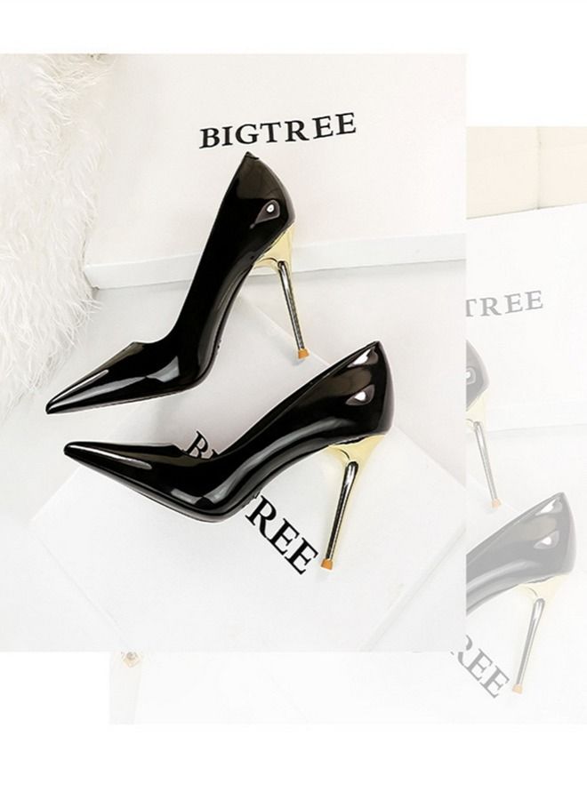 BIGTREE Shallow Pointed Metal Heel High-Heeled Shoes Black 10CM - Image 2