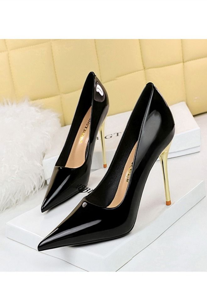 BIGTREE Shallow Pointed Metal Heel High-Heeled Shoes Black 10CM - Image 1