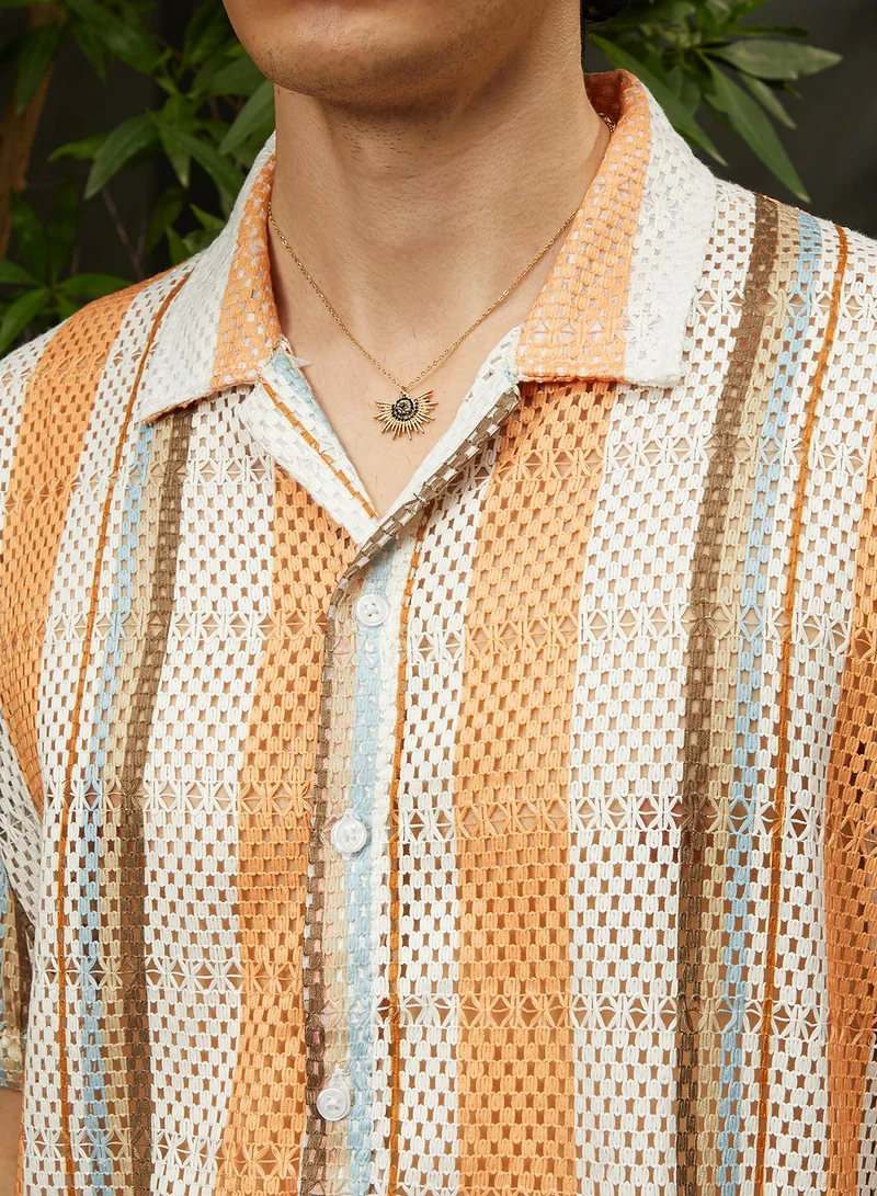 Campus Sutra Men's Coral Orange & Saltbox Beige Multitrack Knit Oversized Shirt