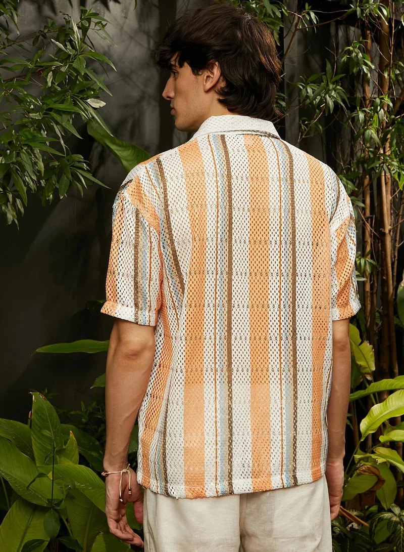 Campus Sutra Men's Coral Orange & Saltbox Beige Multitrack Knit Oversized Shirt
