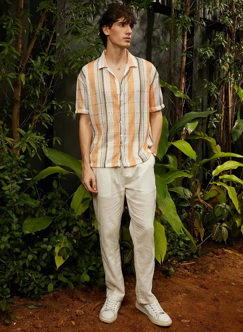 Campus Sutra Men's Coral Orange & Saltbox Beige Multitrack Knit Oversized Shirt