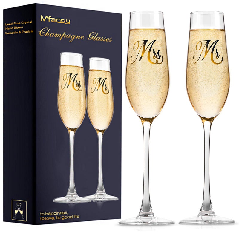 Mfacoy Mr. & Mrs. Champagne Flute Set, Wedding Decor - His and Hers, Wedding Toasting Glasses for Engagement Celebrations, Bridal Shower and Registry Idea, Tall Wine Glasses for Bride and Groom Gifts - Image 1