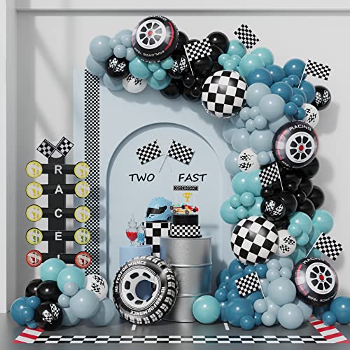 Eopelsm Race Car Balloon Garland Arch Kit 166PCS Dusty Blue Black Latex Balloon Wheel Checkered Foil Balloons for Race Car Two Fast Birthday Party Decorations - Image 1