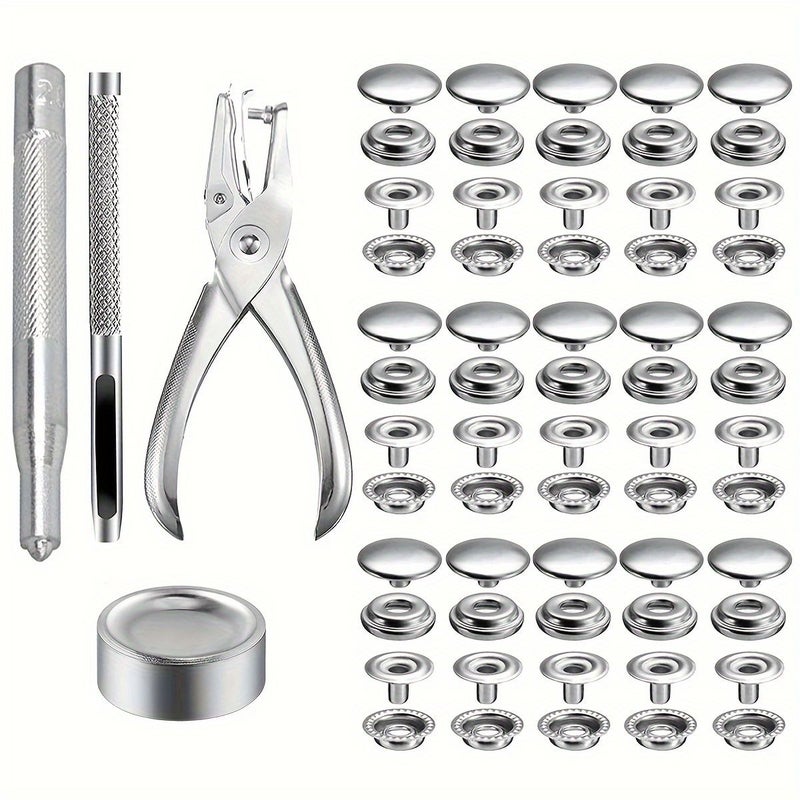 204Pcs Silver Stainless Steel Snap Fastener Kit With Fixing Tool For DIY Leather Clothing Repair - Image 1