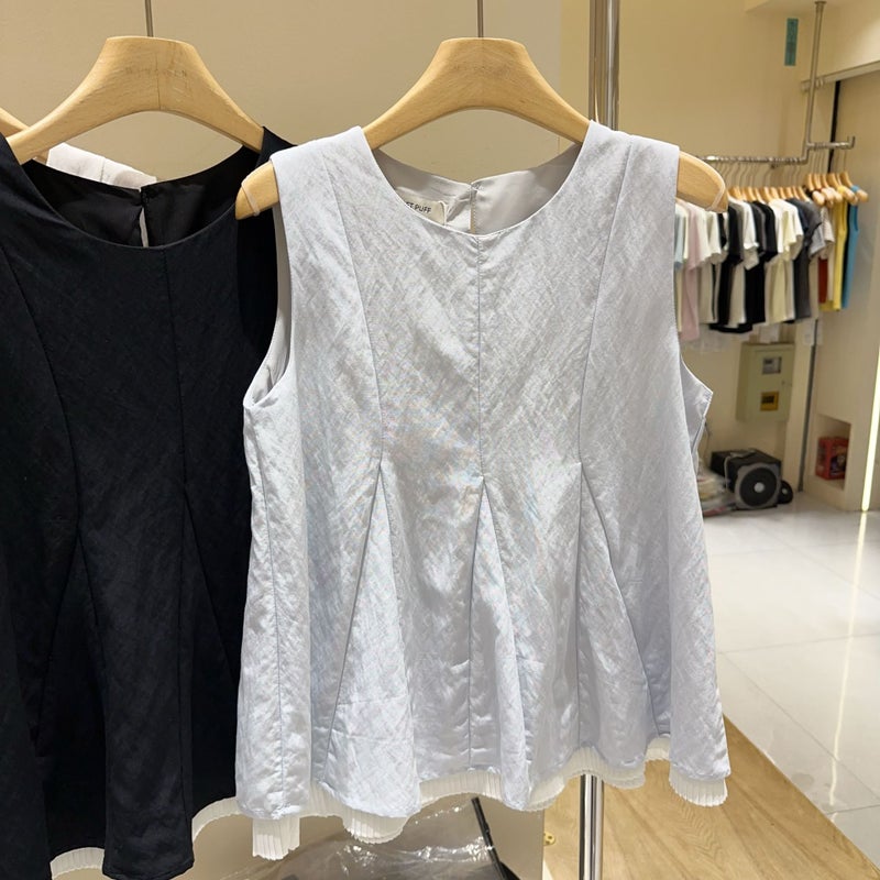2026 Spring/Summer Fashionable And Elegant Hem Patchwork Mesh Babydoll Top, Age-Reducing Solid Color Sleeveless Shirt Top - Image 1