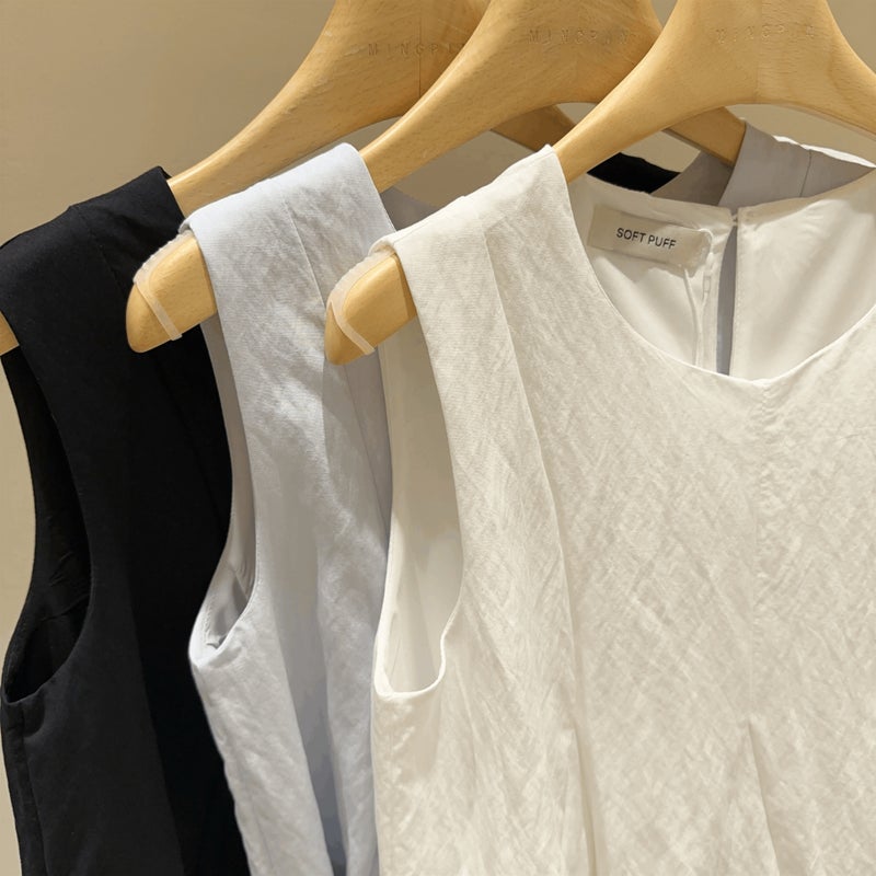 2026 Spring/Summer Fashionable And Elegant Hem Patchwork Mesh Babydoll Top, Age-Reducing Solid Color Sleeveless Shirt Top - Image 3