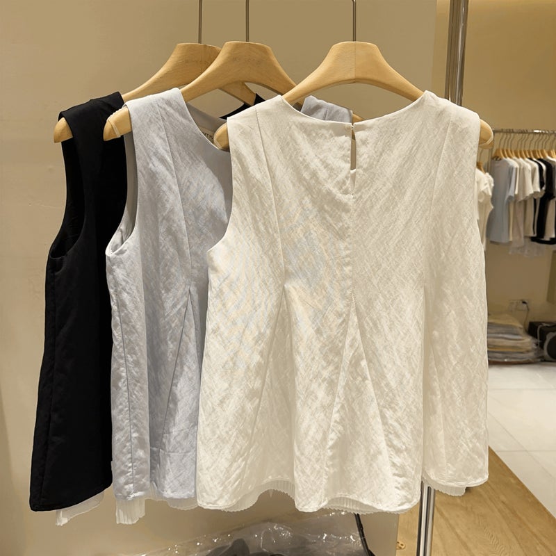 2026 Spring/Summer Fashionable And Elegant Hem Patchwork Mesh Babydoll Top, Age-Reducing Solid Color Sleeveless Shirt Top - Image 5